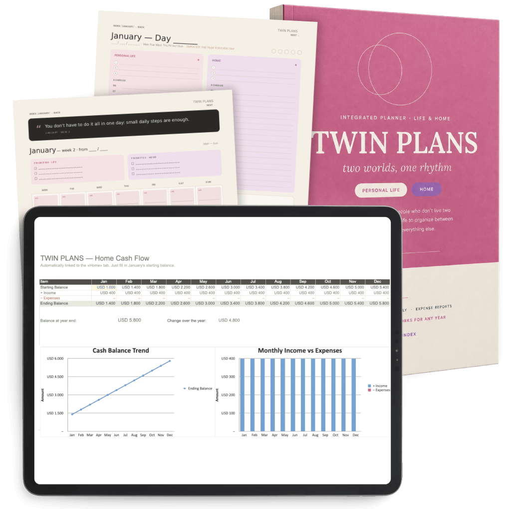 Twin Plans: Life & Home — Undated Digital Planner & Budget Spreadsheet Bundle