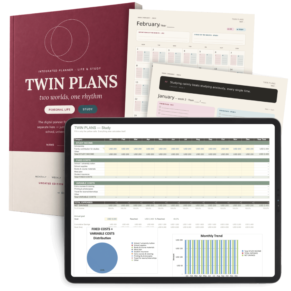 Twin Plans: Life & Study — Undated Digital Planner & Budget Spreadsheet Bundle